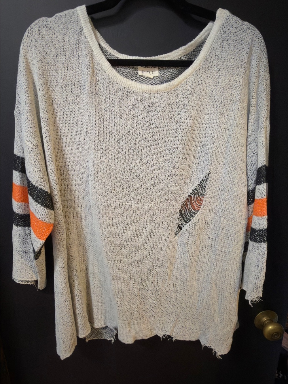 POL Cream Distressed Knit Pullover with Orange & Black Sleeve Stripes